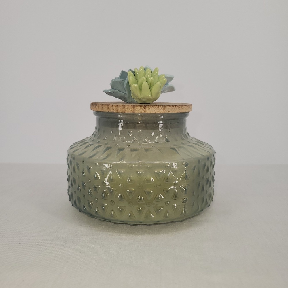 East West Succulent Topper Textured‎ Green Glass Scented Candle 14.1oz Wood Lid